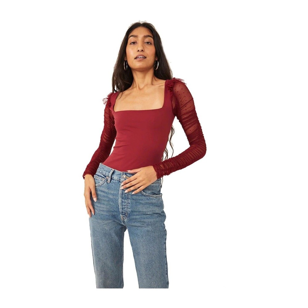 NEW Free People Must be love bodysuit wine red long sleeve polka dot